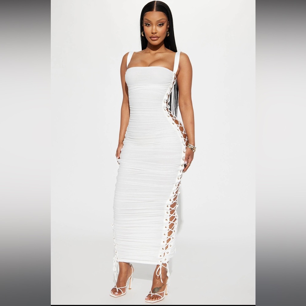 Laces Tied White Maxi Dress BEAUTIFUL SEXY ELEGANT Mesh Ruched NWT